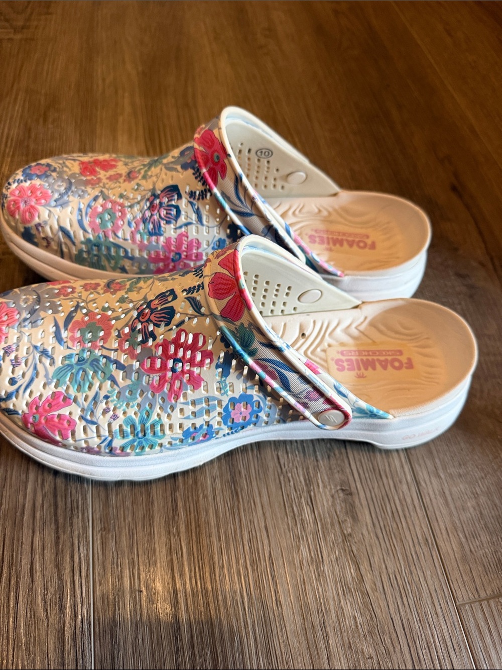 Skechers Floral Slip-On Clogs in Cream with Pink & Blue Accents